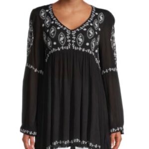 Beach Lunch Lounge Black Crinkle Blouse Top Boho Embroidery